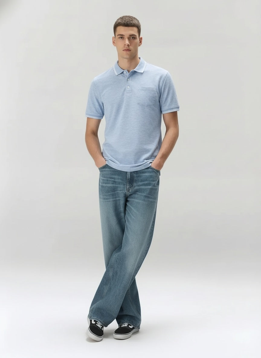 Men Sky Melange Polo Collar Pockets T-shirt