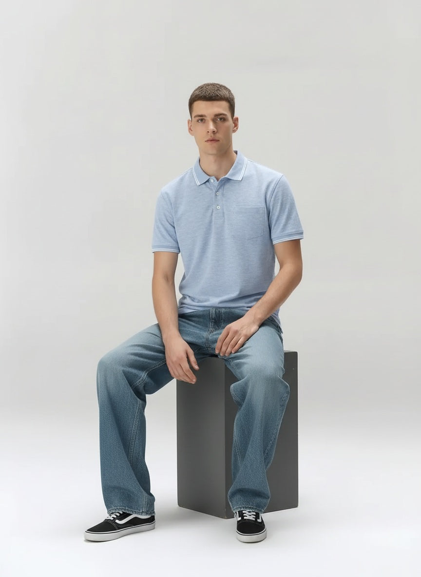 Men Sky Melange Polo Collar Pockets T-shirt