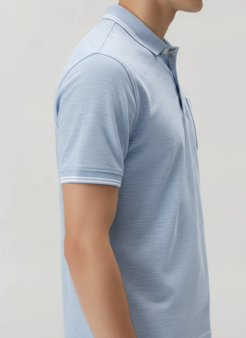 Men Sky Melange Polo Collar Pockets T-shirt