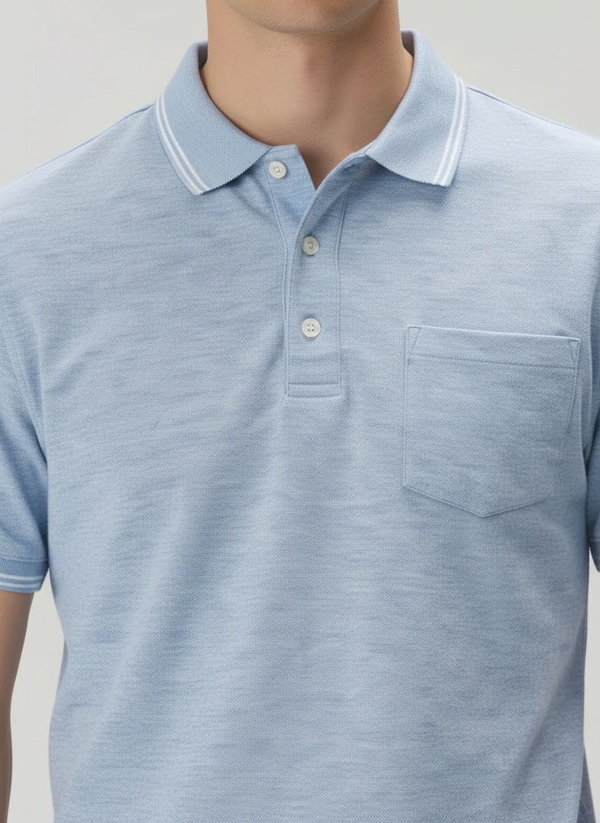 Men Sky Melange Polo Collar Pockets T-shirt