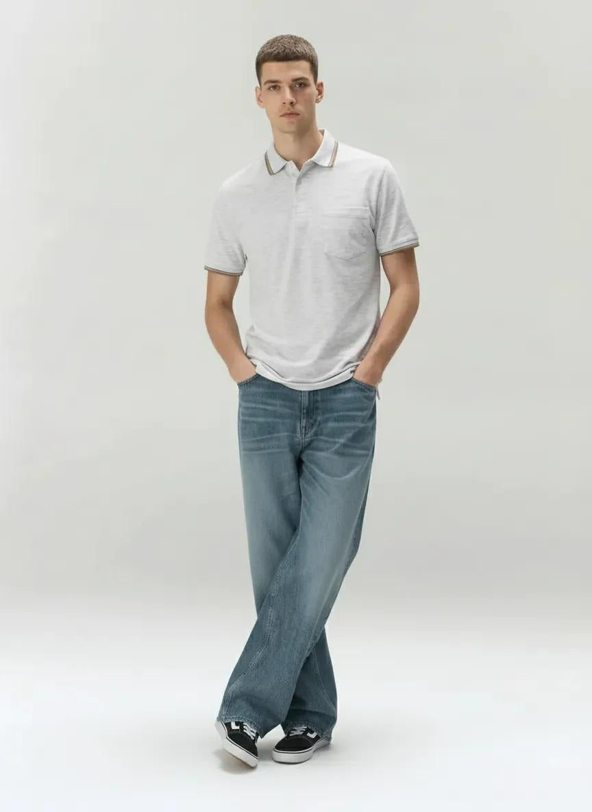 Men White Melange Polo Collar Pockets T-shirt