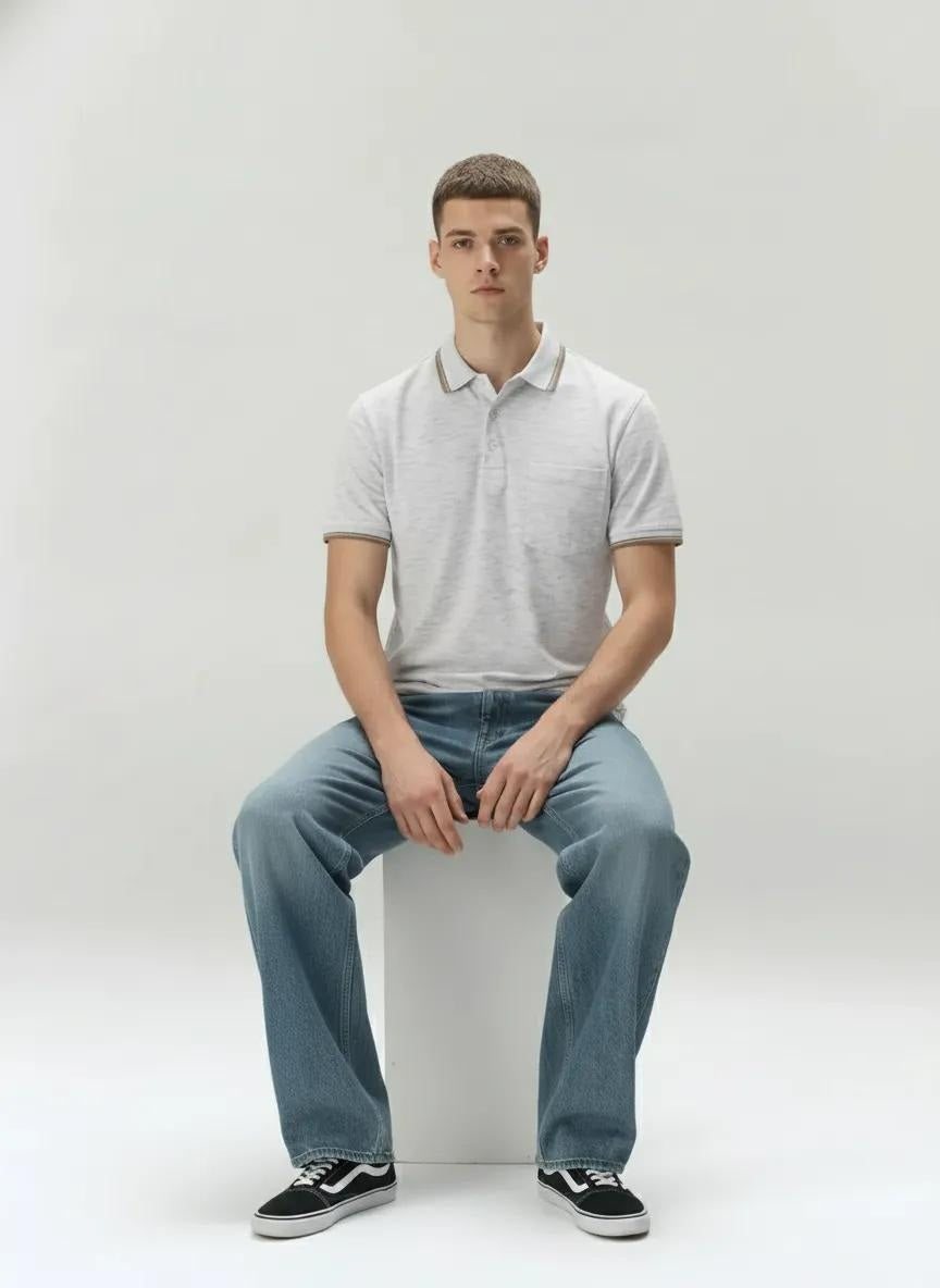 Men White Melange Polo Collar Pockets T-shirt