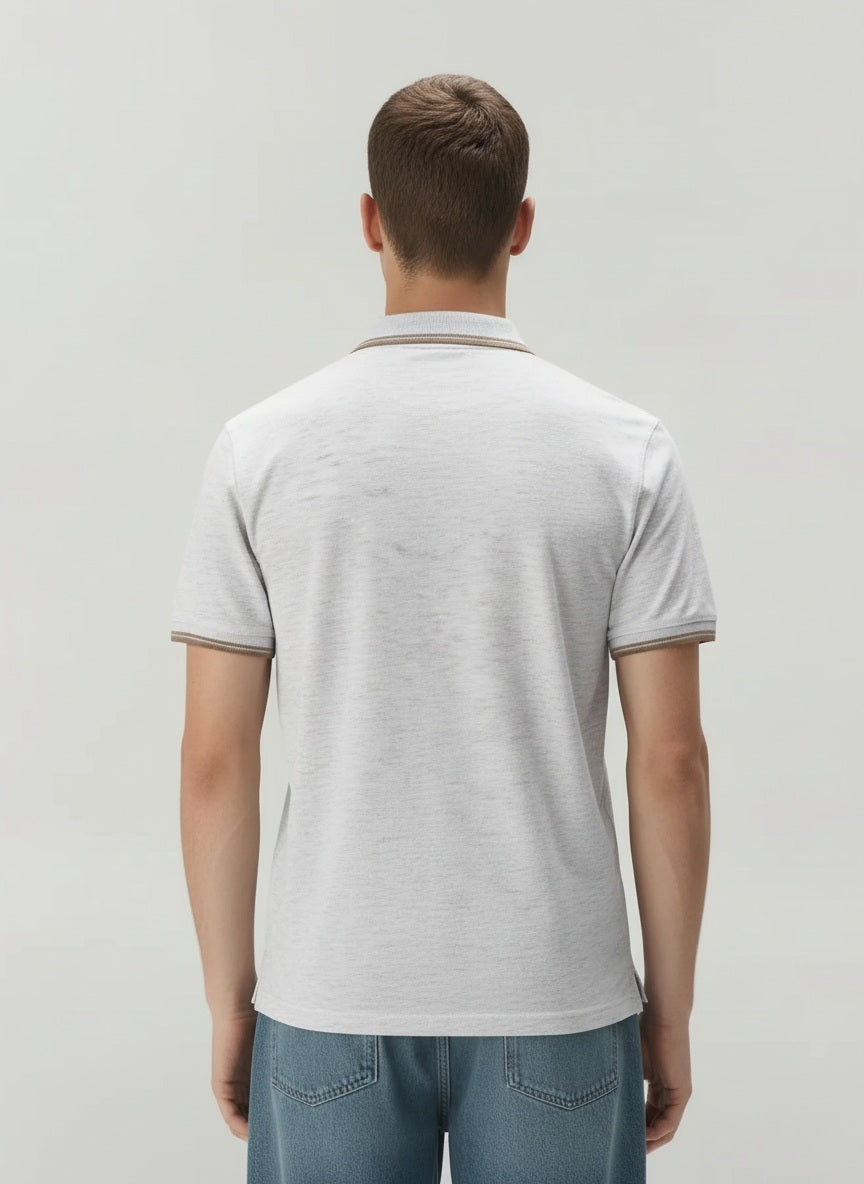 Men White Melange Polo Collar Pockets T-shirt
