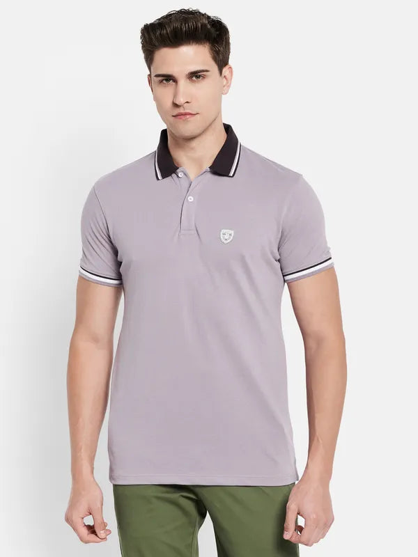 Octave Men Purple Polo Collar Applique T-Shirt