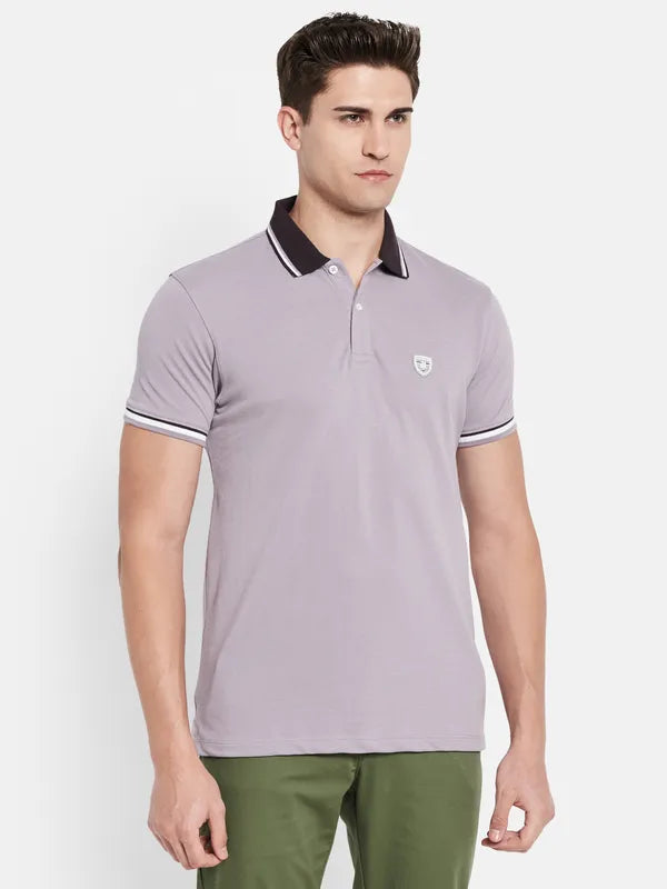 Octave Men Purple Polo Collar Applique T-Shirt