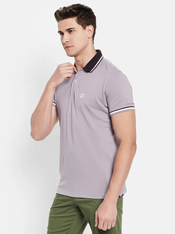 Octave Men Purple Polo Collar Applique T-Shirt