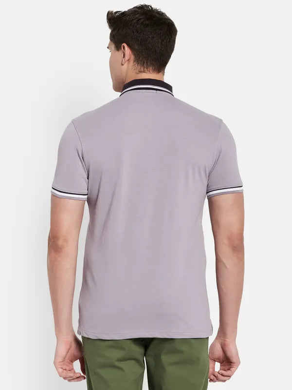 Octave Men Purple Polo Collar Applique T-Shirt