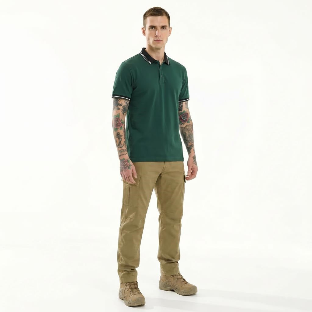 Men Bottle Green Striped Polo Collar T-shirt