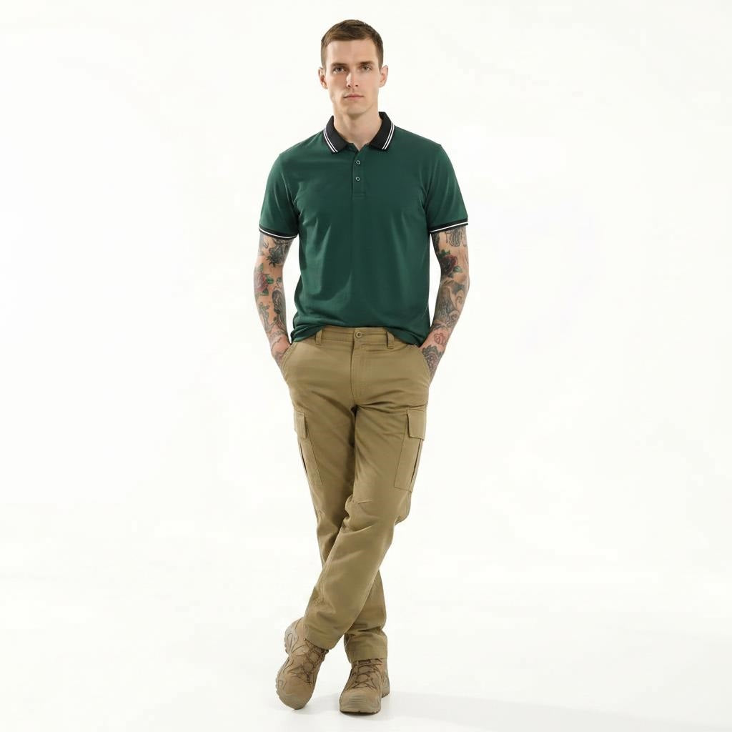 Men Bottle Green Striped Polo Collar T-shirt