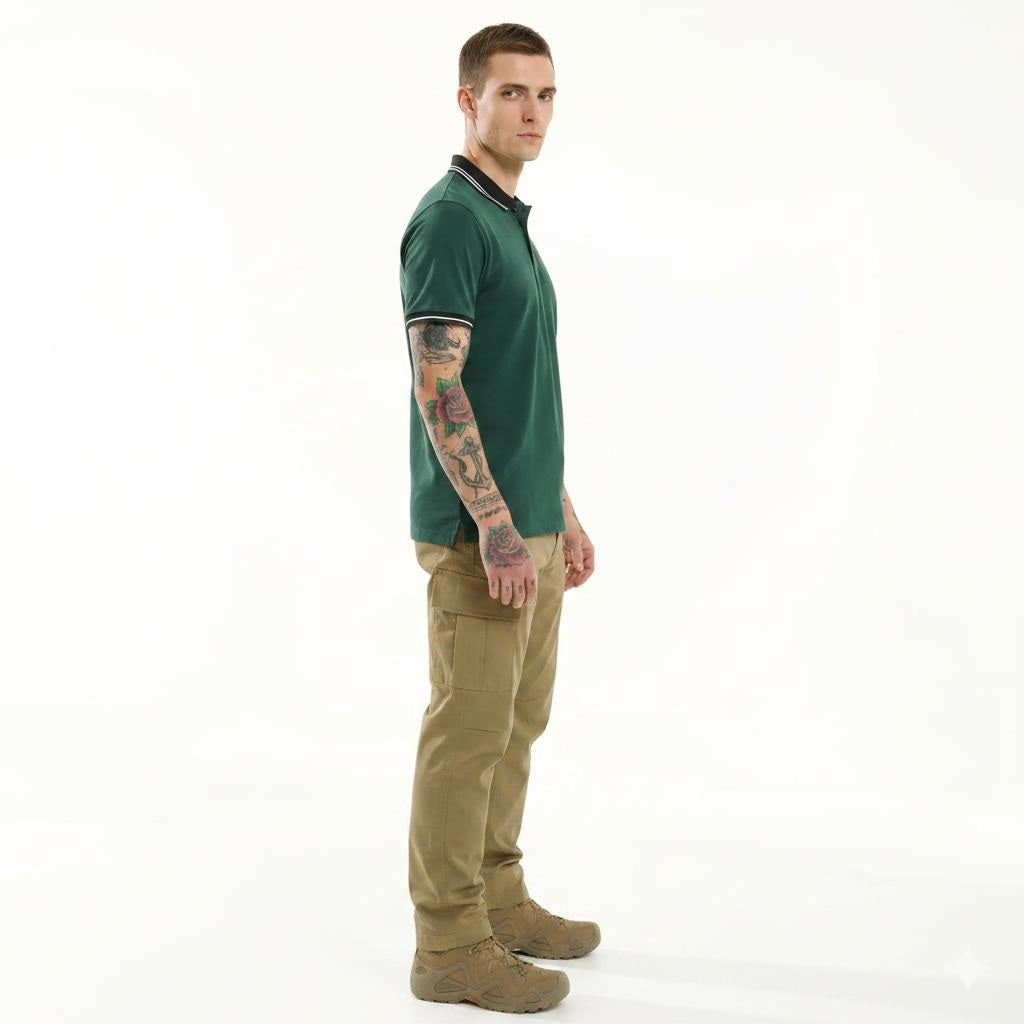 Men Bottle Green Striped Polo Collar T-shirt