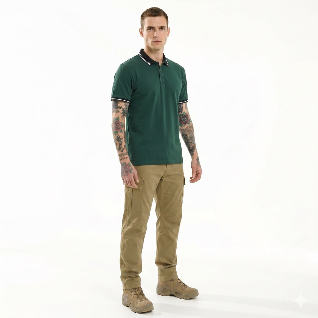 Men Bottle Green Striped Polo Collar T-shirt