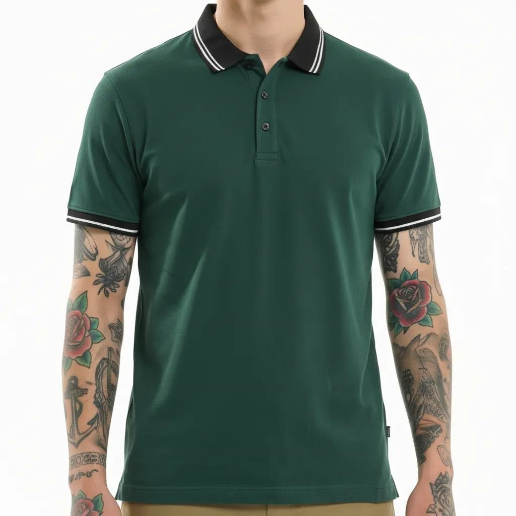 Men Bottle Green Striped Polo Collar T-shirt