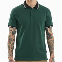 Men Bottle Green Striped Polo Collar T-shirt