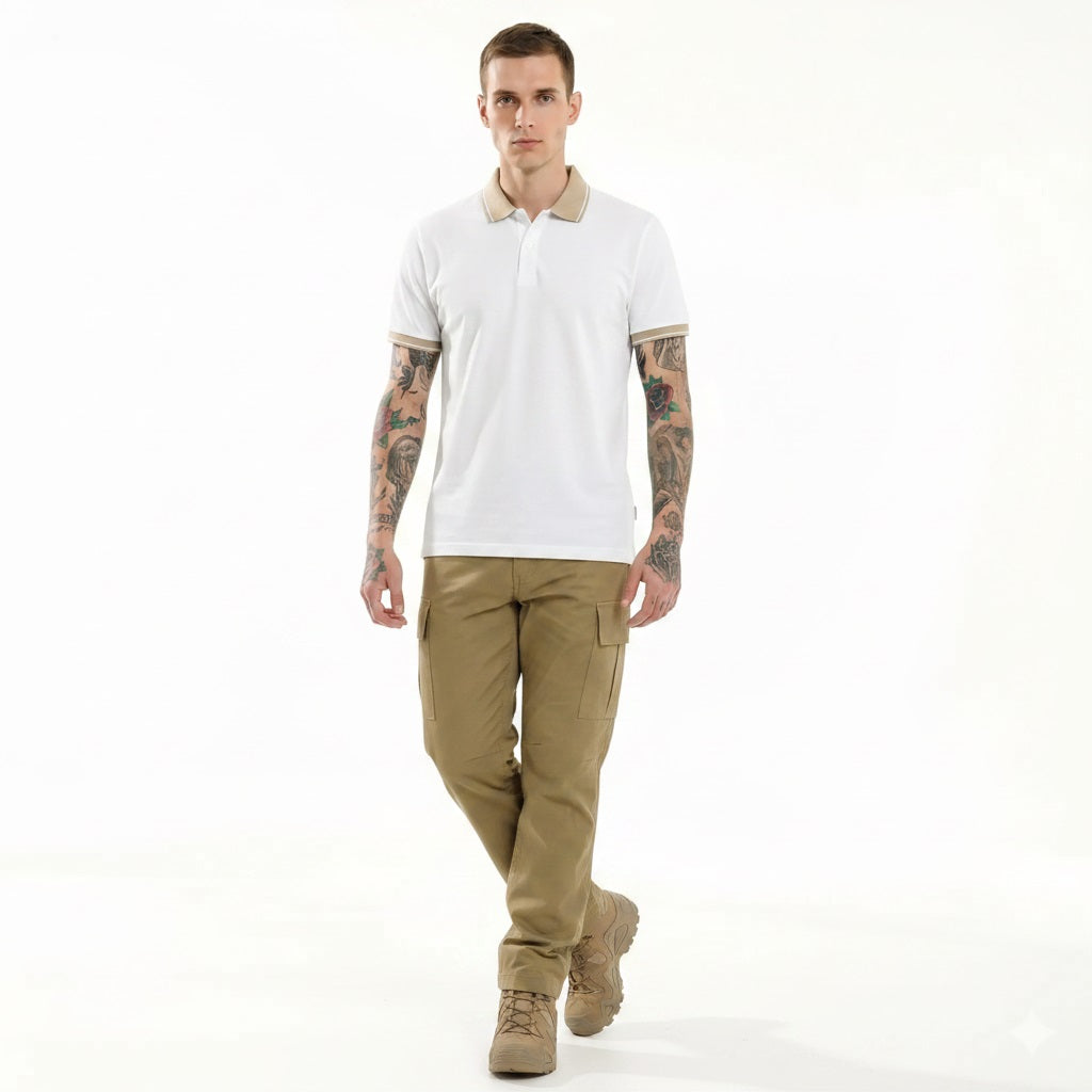 Men Off White Polo Collar T-shirt