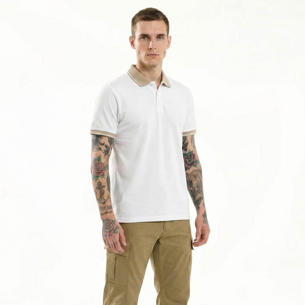 Men Off White Polo Collar T-shirt