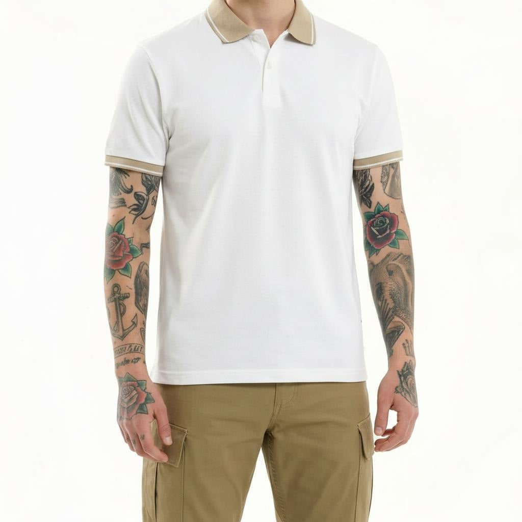 Men Off White Polo Collar T-shirt