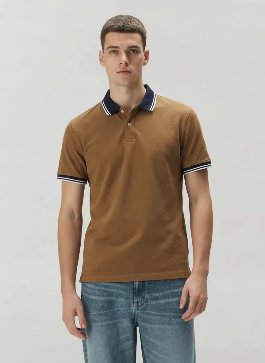 Men Tan Sold Polo Collar T-shirt