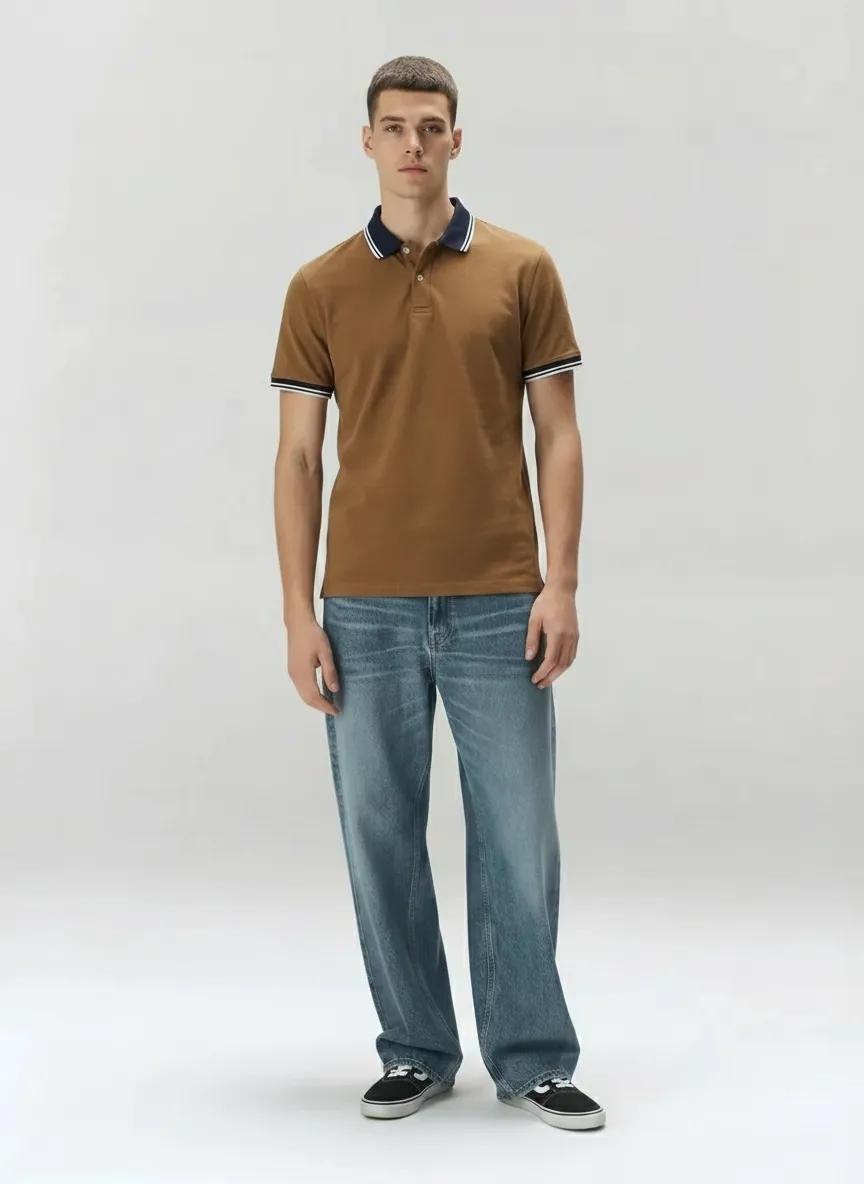 Men Tan Sold Polo Collar T-shirt