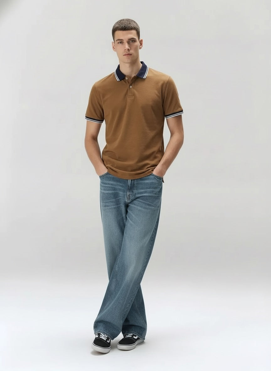 Men Tan Sold Polo Collar T-shirt
