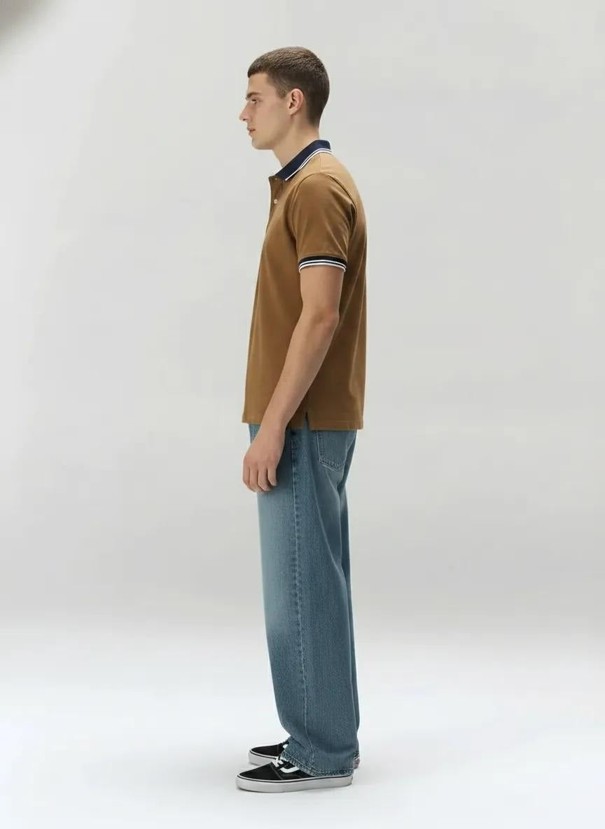 Men Tan Sold Polo Collar T-shirt