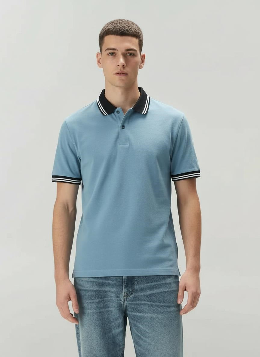 Men Oxford Blue Polo Collar T-shirt