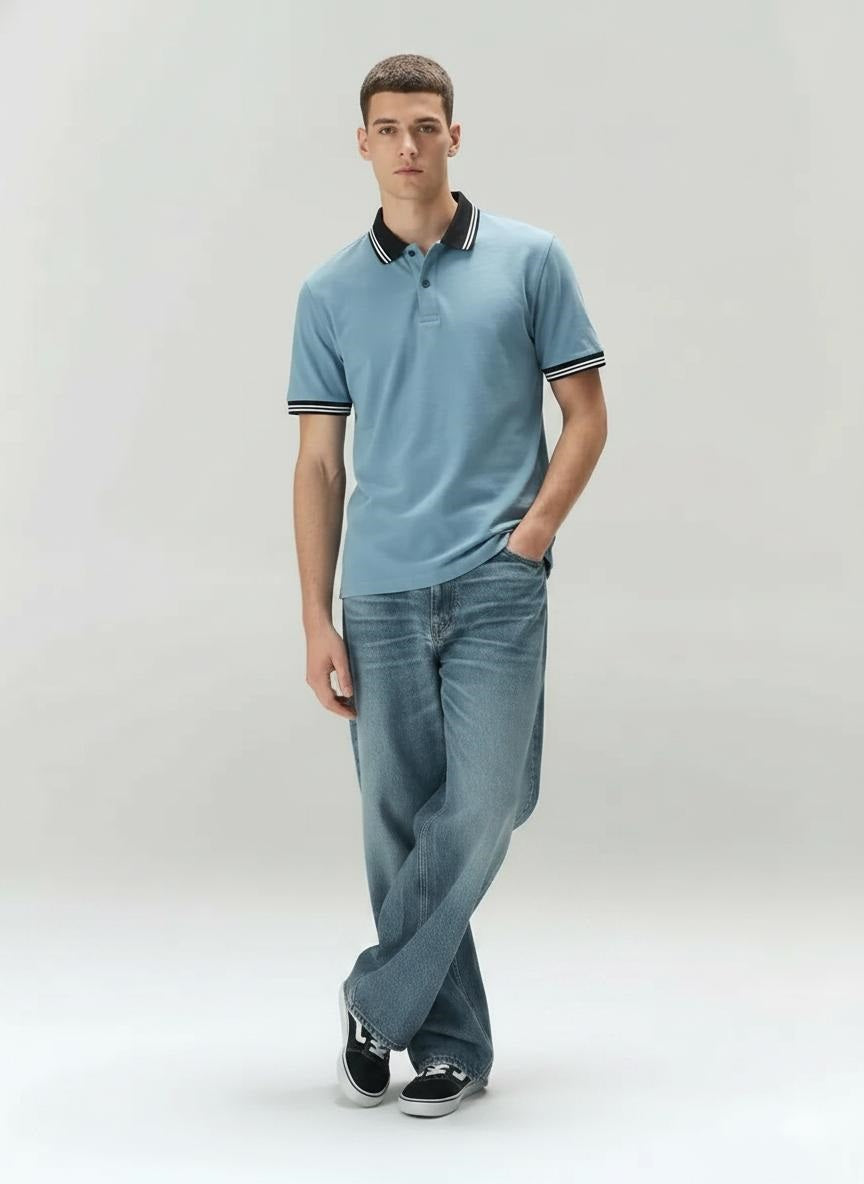 Men Oxford Blue Polo Collar T-shirt
