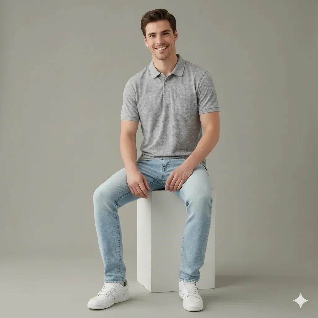 Men Grey Melange Polo Collar Pockets T-shirt