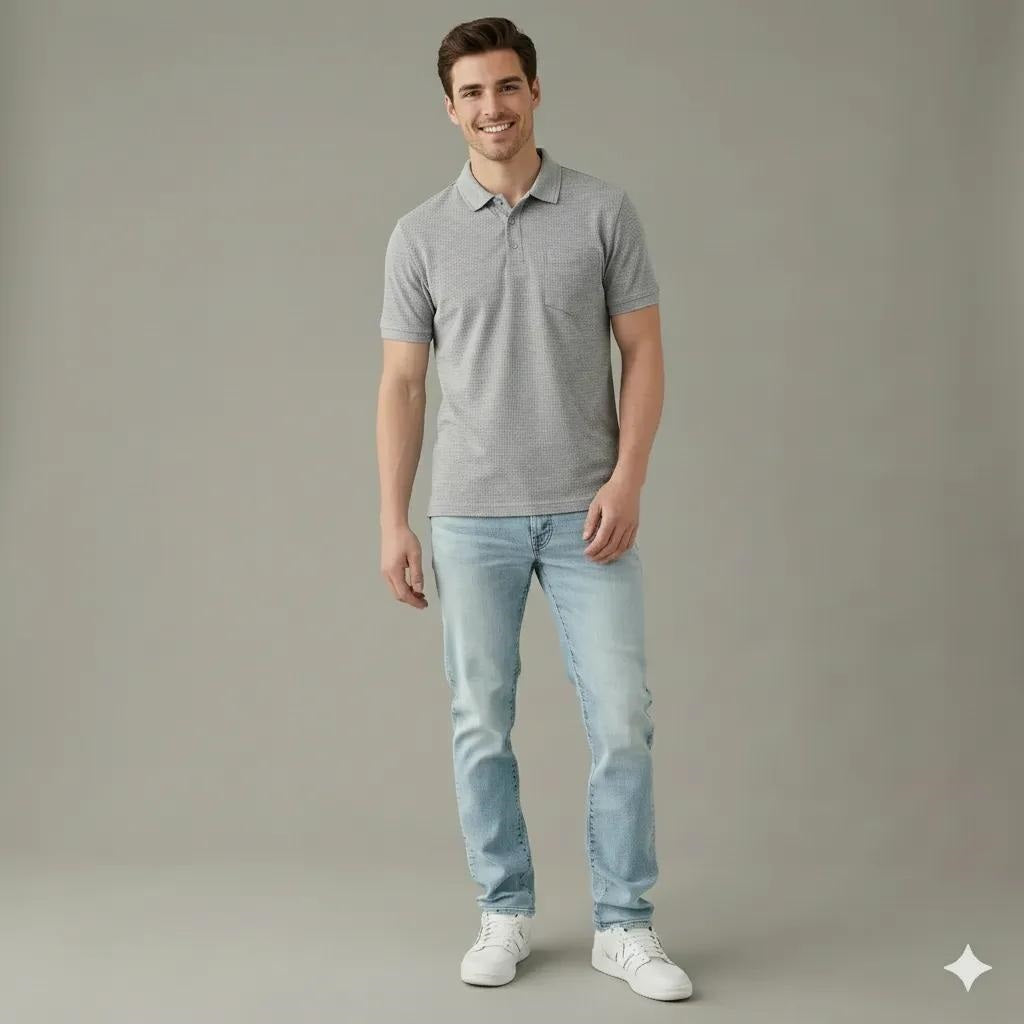 Men Grey Melange Polo Collar Pockets T-shirt
