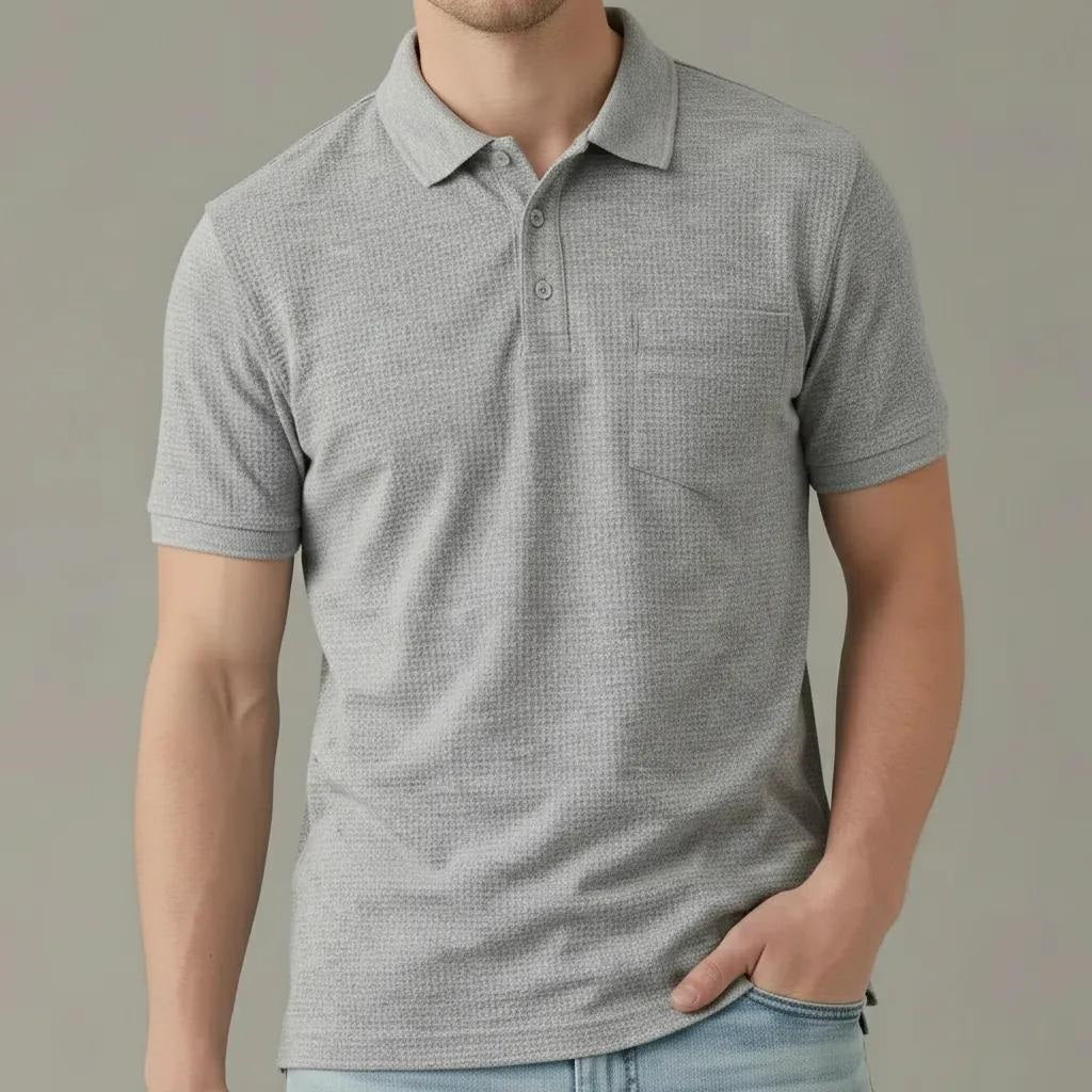 Men Grey Melange Polo Collar Pockets T-shirt