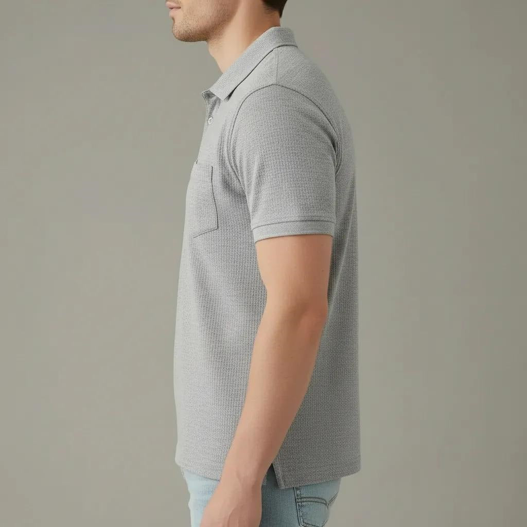 Men Grey Melange Polo Collar Pockets T-shirt