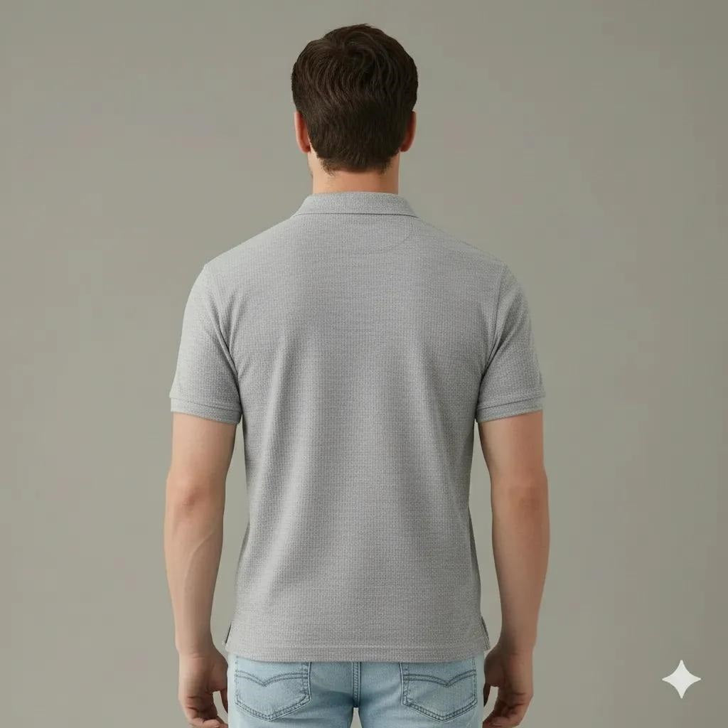 Men Grey Melange Polo Collar Pockets T-shirt