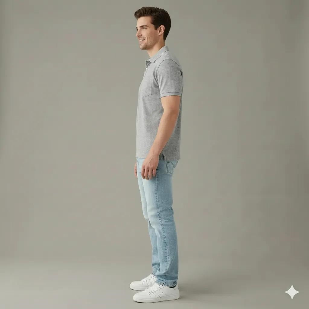 Men Grey Melange Polo Collar Pockets T-shirt