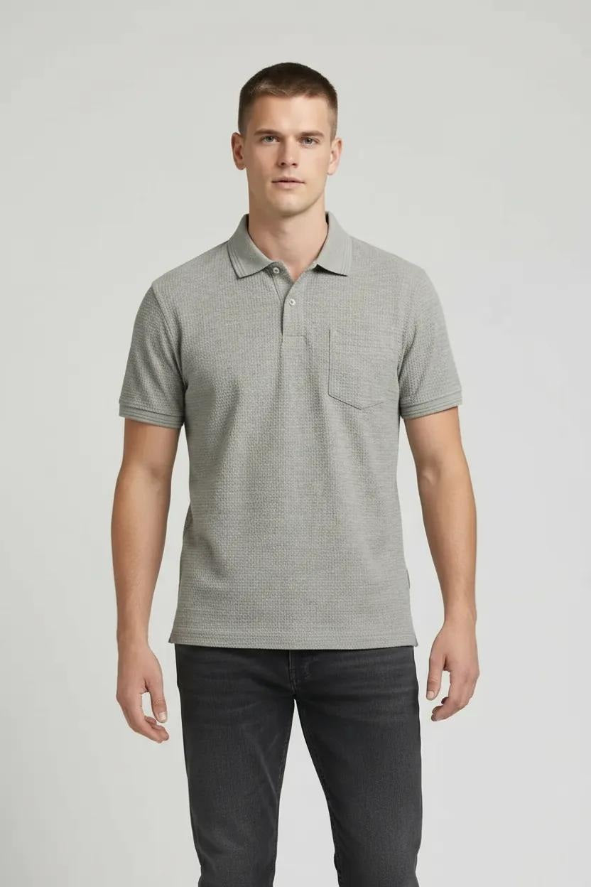 Men Linen Melange Polo Collar Pockets T-shirt