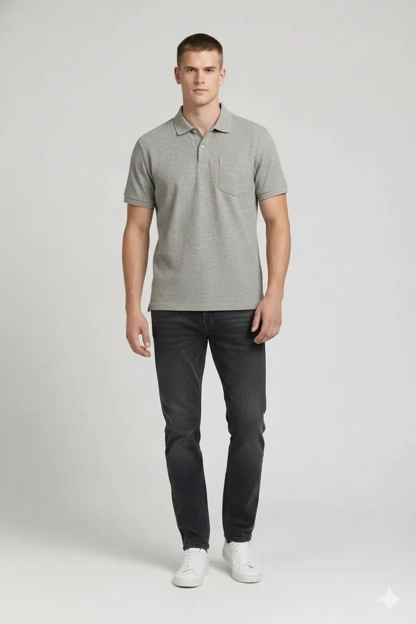 Men Linen Melange Polo Collar Pockets T-shirt