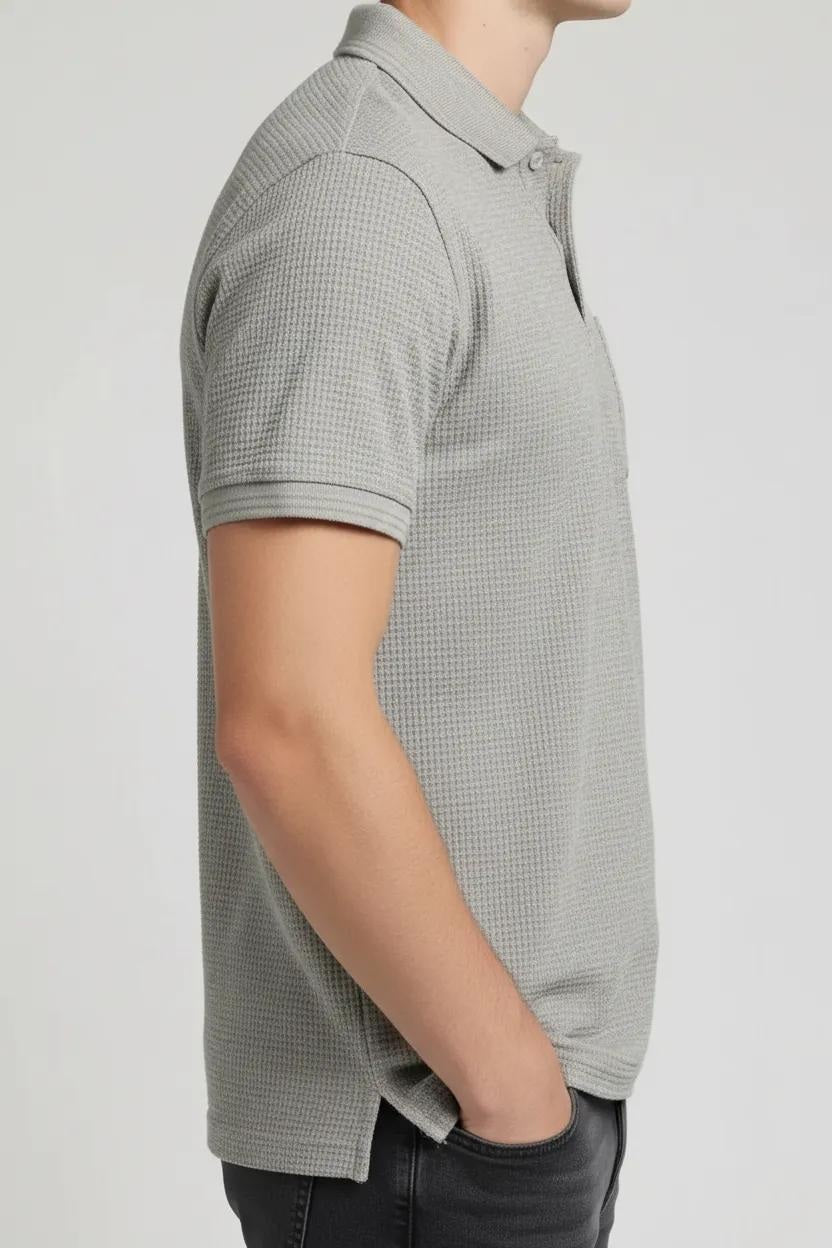 Men Linen Melange Polo Collar Pockets T-shirt