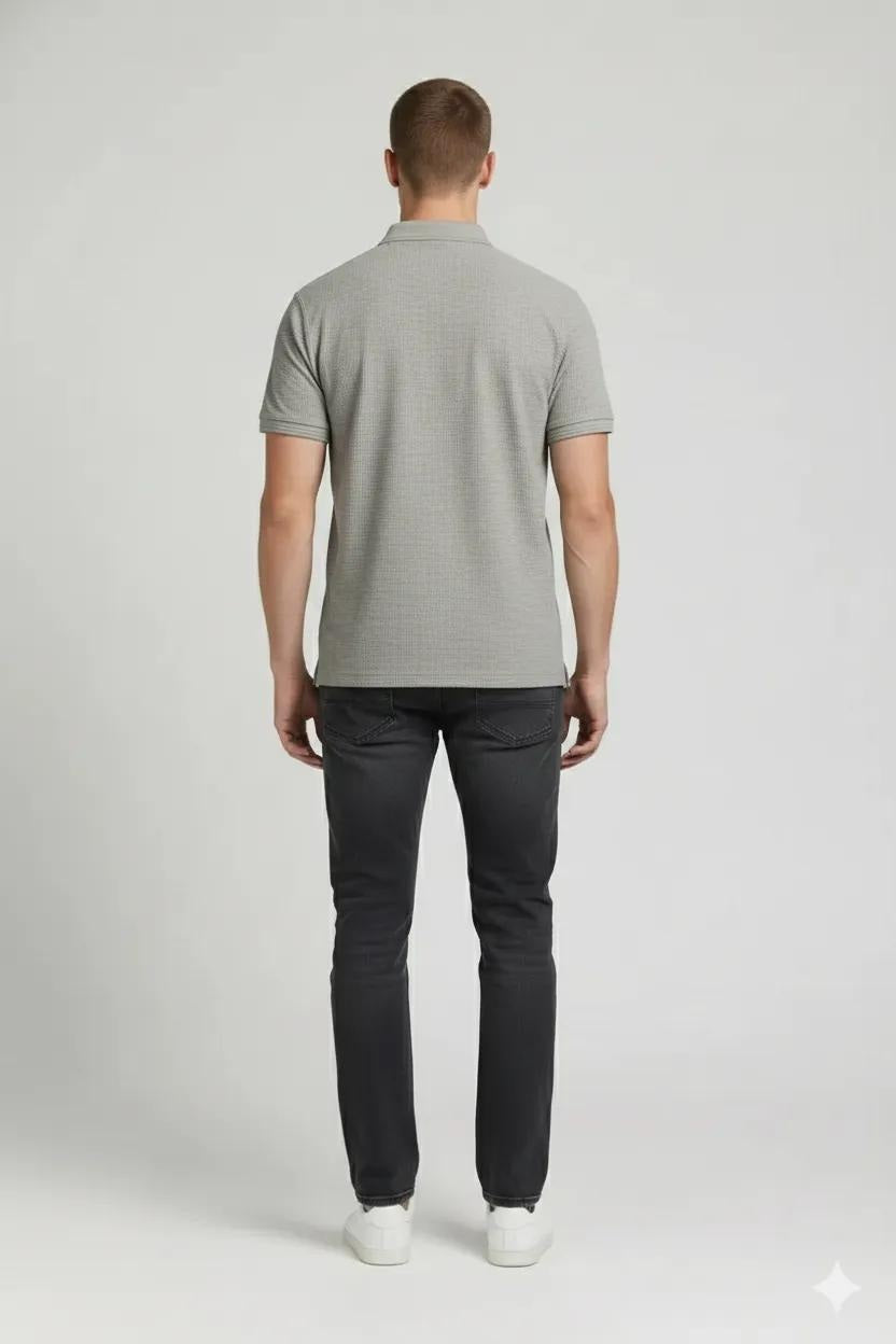 Men Linen Melange Polo Collar Pockets T-shirt