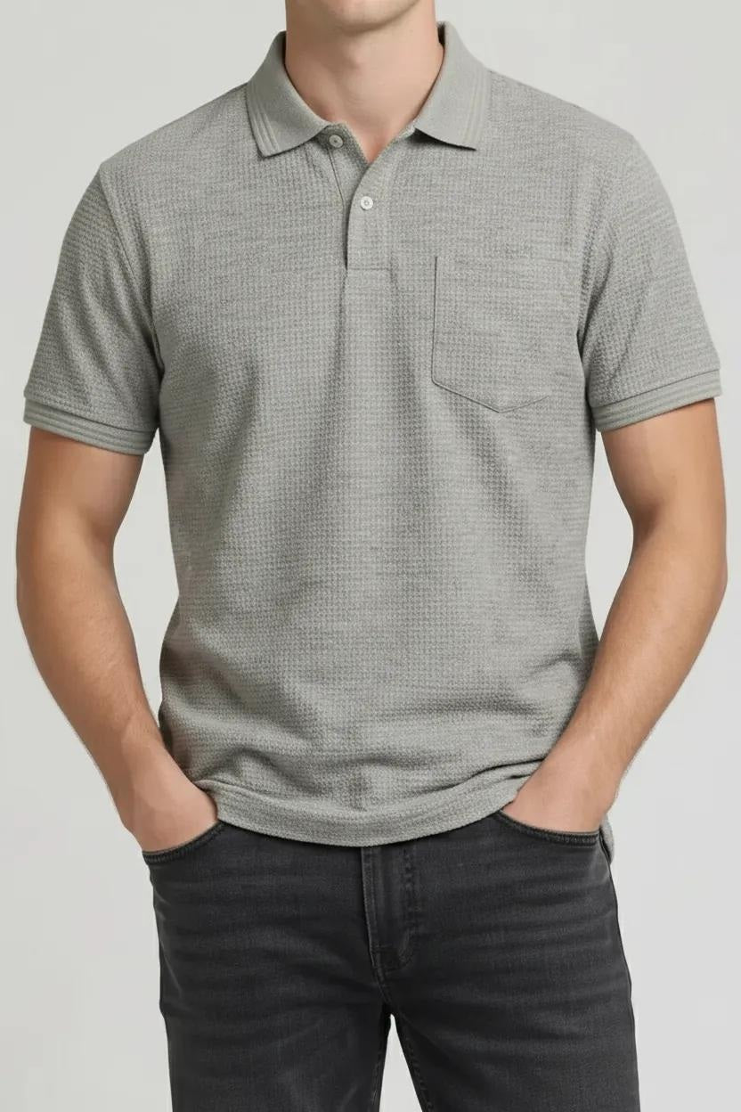 Men Linen Melange Polo Collar Pockets T-shirt