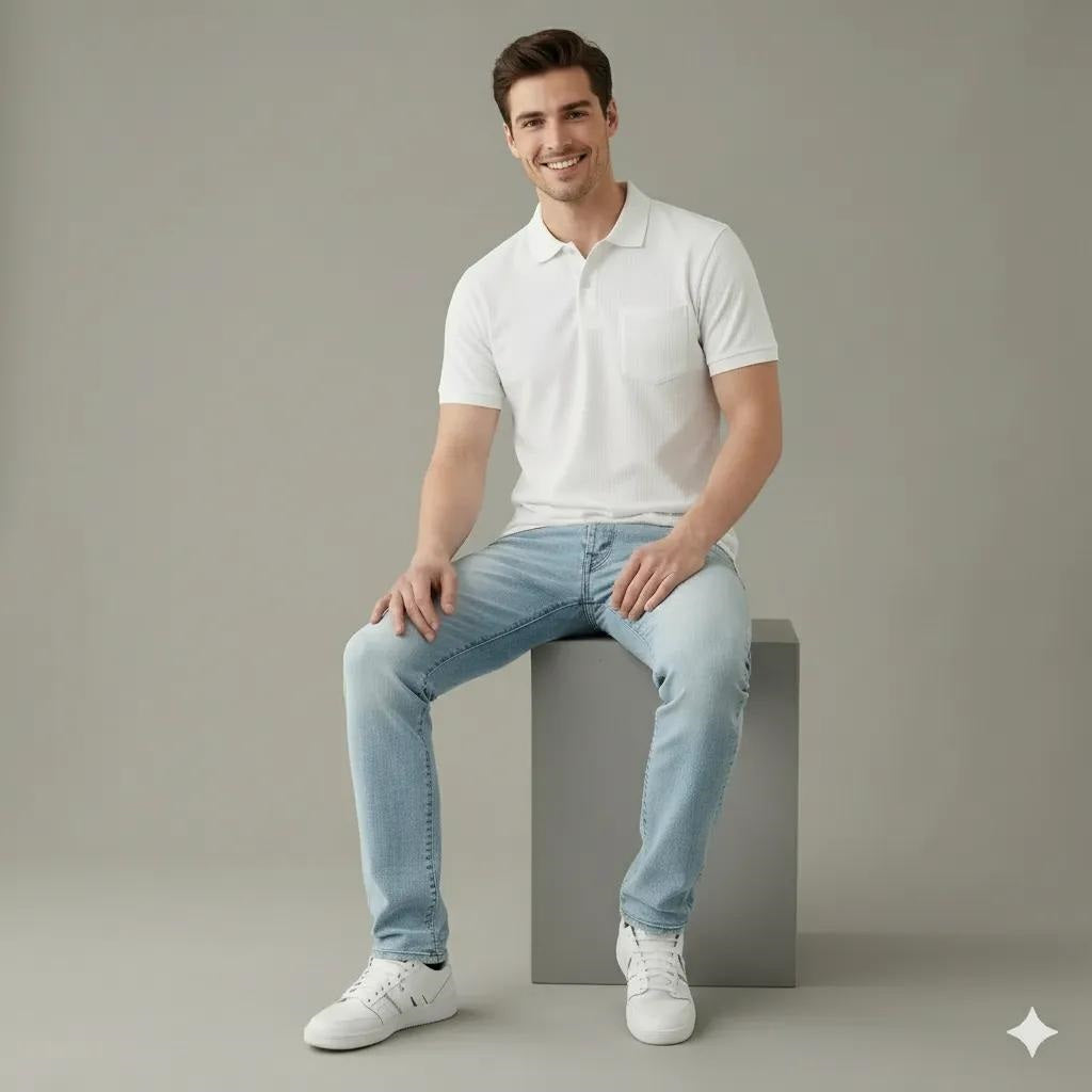 Men Off White Polo Collar Pockets T-shirt