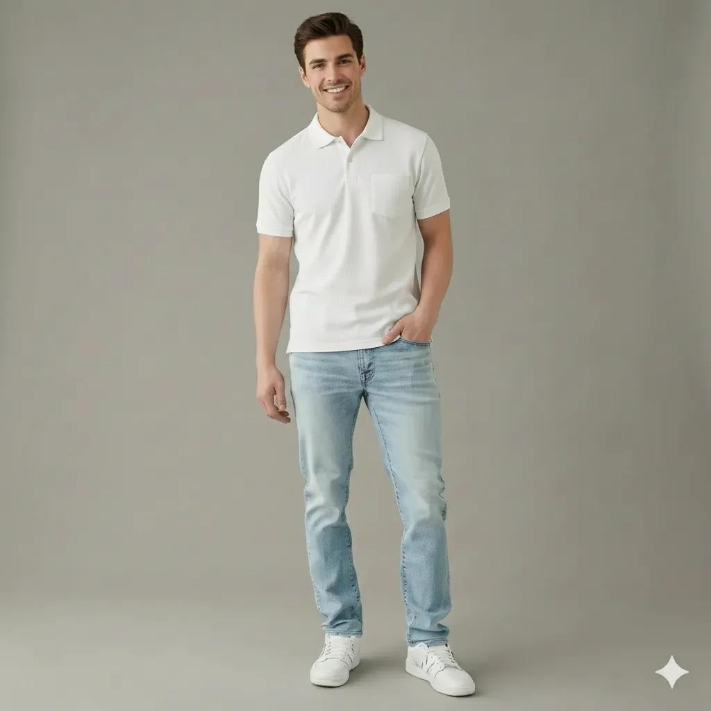 Men Off White Polo Collar Pockets T-shirt