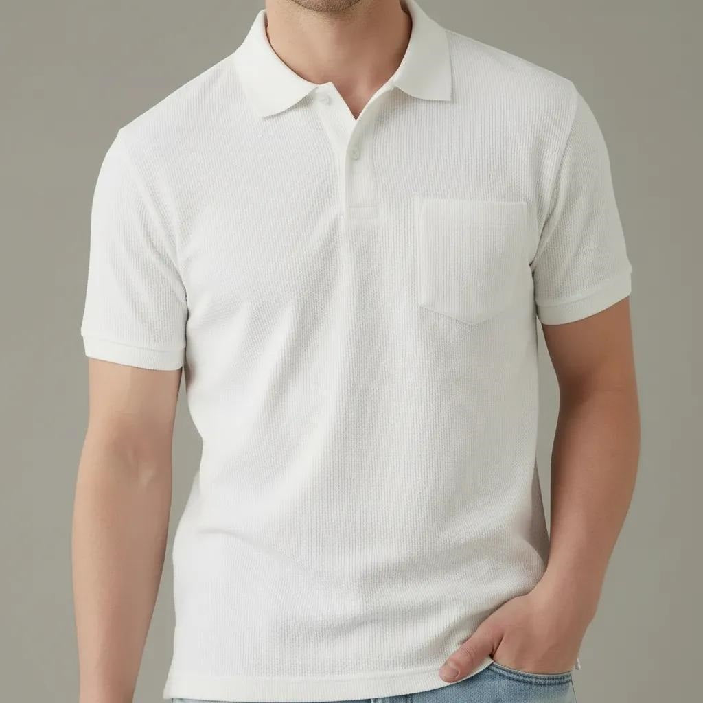 Men Off White Polo Collar Pockets T-shirt