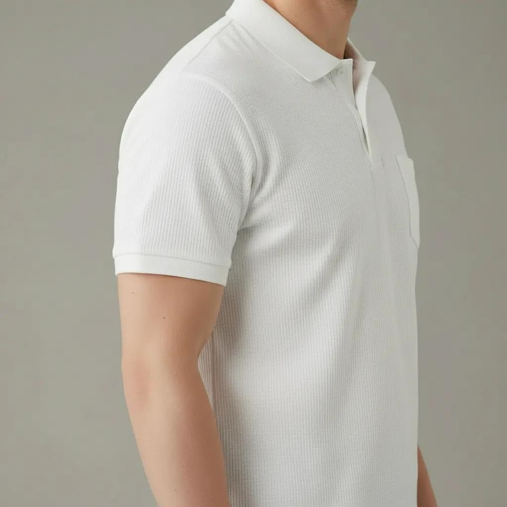 Men Off White Polo Collar Pockets T-shirt