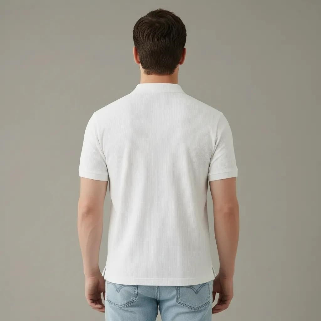 Men Off White Polo Collar Pockets T-shirt