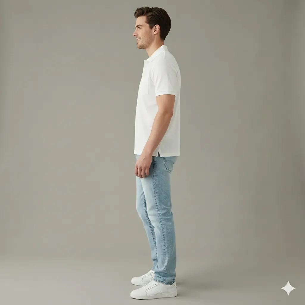 Men Off White Polo Collar Pockets T-shirt