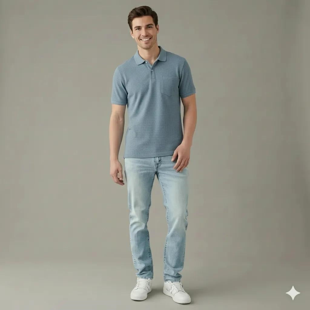 Men Oxford Blue Polo Collar Pockets T-shirt