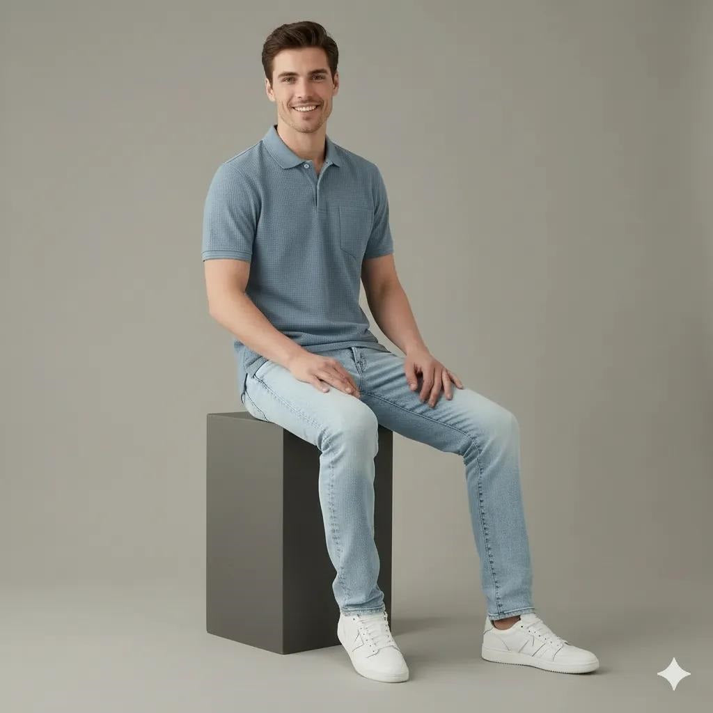 Men Oxford Blue Polo Collar Pockets T-shirt
