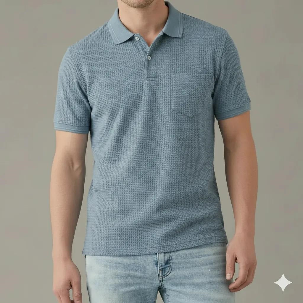 Men Oxford Blue Polo Collar Pockets T-shirt