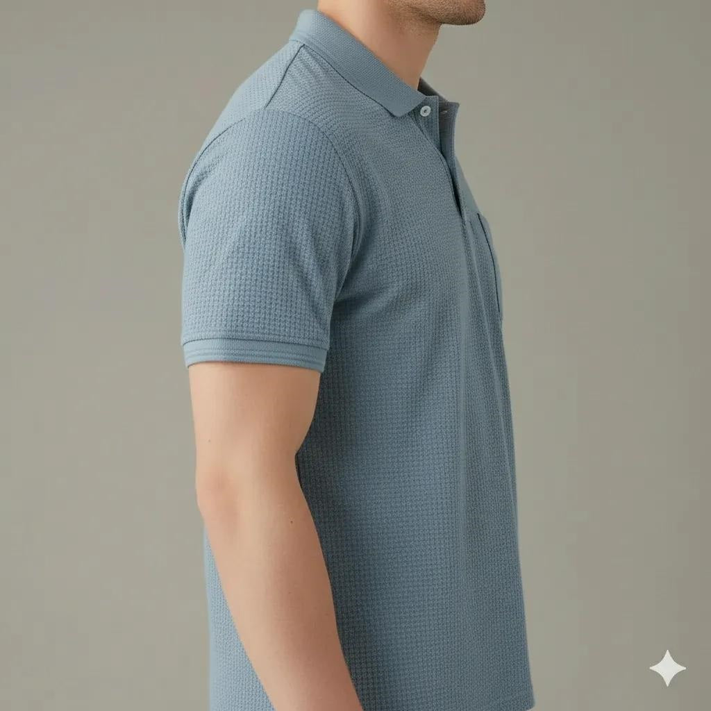 Men Oxford Blue Polo Collar Pockets T-shirt