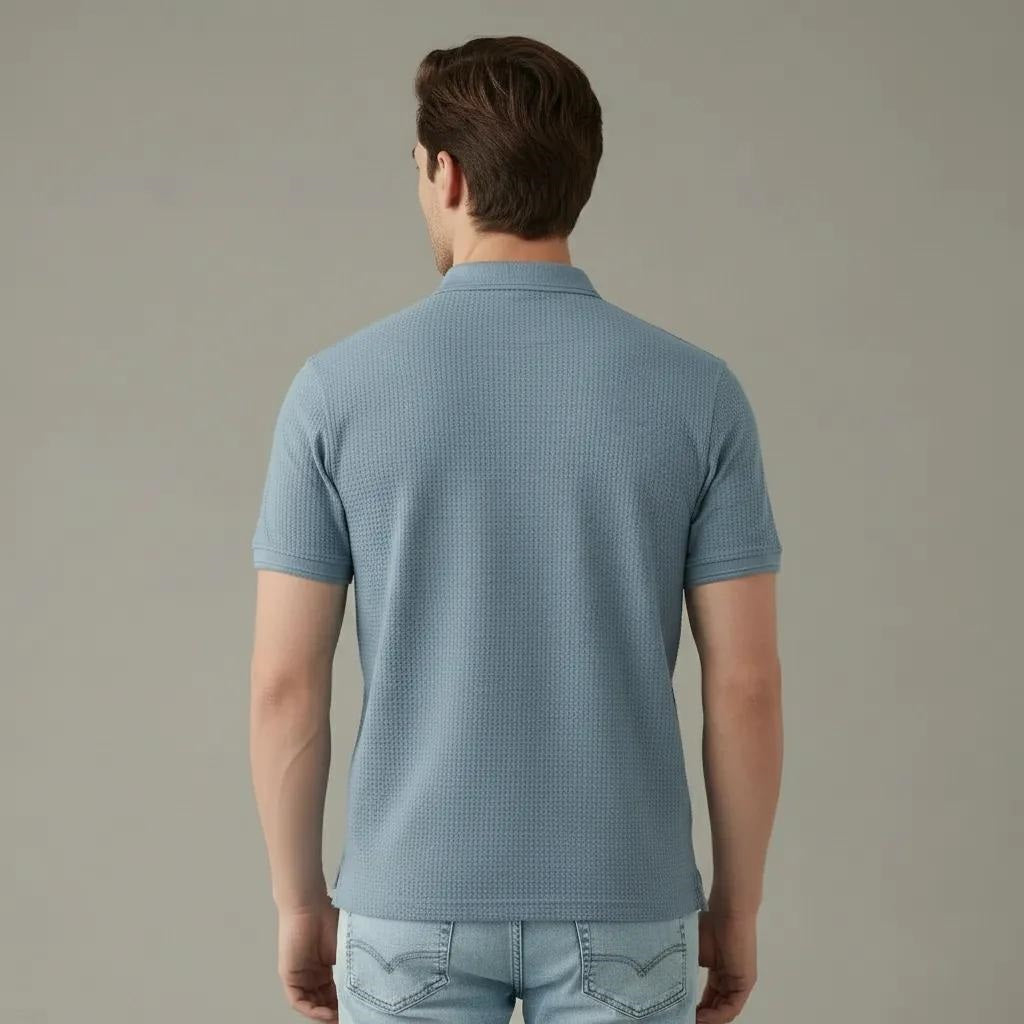 Men Oxford Blue Polo Collar Pockets T-shirt