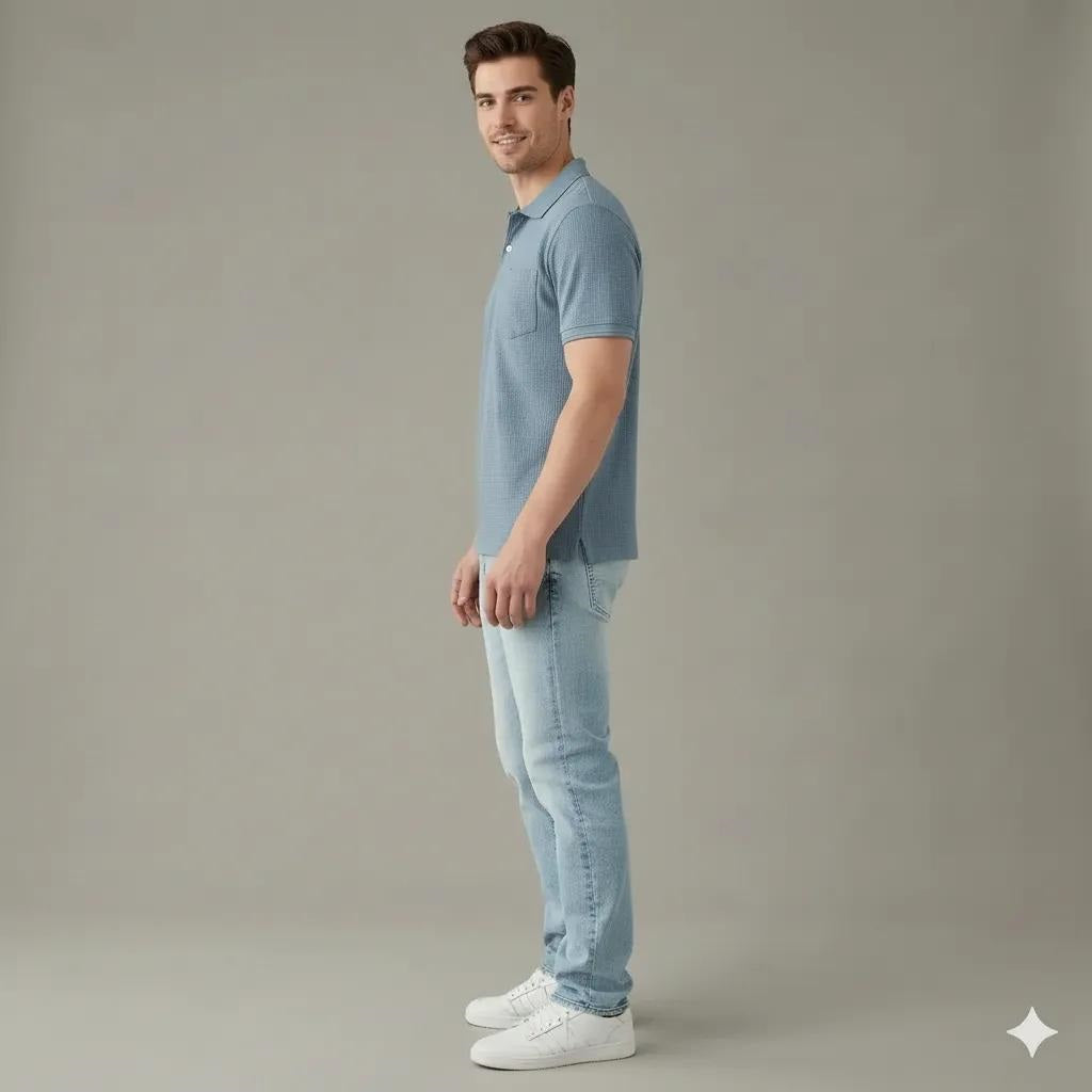 Men Oxford Blue Polo Collar Pockets T-shirt