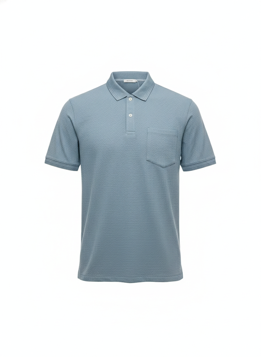 Men Oxford Blue Polo Collar Pockets T-shirt